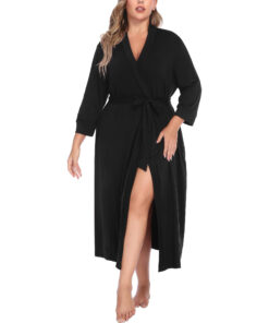 Plus Size Women’s Long Knit Kimono Robe V-Neck Lightweight Soft Bathrobe with Adjustable Strap & Pockets