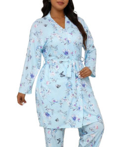 Plus Size Floral Print Belted Lounge Robe & Cami Top with Elastic Waist Pants Pajama Set