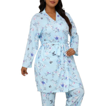 Plus Size Floral Print Belted Lounge Robe & Cami Top with Elastic Waist Pants Pajama Set