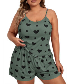 Plus Size Heart Polka Dot Print Pajama Set – Casual Spaghetti Strap Cami Top & Elastic Waist Shorts – Women’s Sleepwear, Loungewear, Pajama Set, Homewear