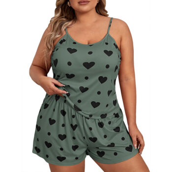 Plus Size Heart Polka Dot Print Pajama Set – Casual Spaghetti Strap Cami Top & Elastic Waist Shorts – Women’s Sleepwear, Loungewear, Pajama Set, Homewear