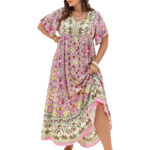 Plus Size Boho Floral Smock Dress – Patchwork Tie-Neck Maxi with Lace Ruffle Hem & Butterfly Sleeves