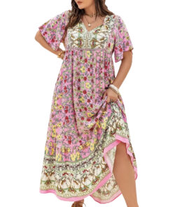 Plus Size Boho Floral Smock Dress – Patchwork Tie-Neck Maxi with Lace Ruffle Hem & Butterfly Sleeves