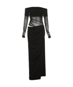 Plus Size Women's Sexy One-Shoulder Mesh Perspective Long Dress