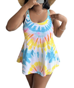 Plus Size Tie-Dye Tankini Set – Sleeveless Cami Top & Shorts Swimsuit for Women