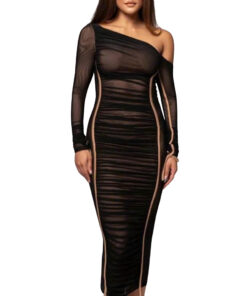 Plus Size Women's Pleated Midi Dress with Mesh Splicing and Off-Shoulder Design