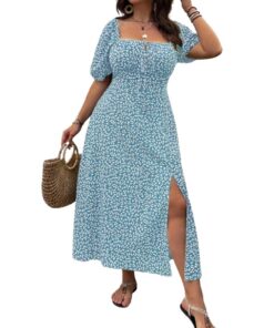 Plus Size Boho Split Thigh Dress with Puff Sleeves – Floral Tie-Front Summer Dress for Women
