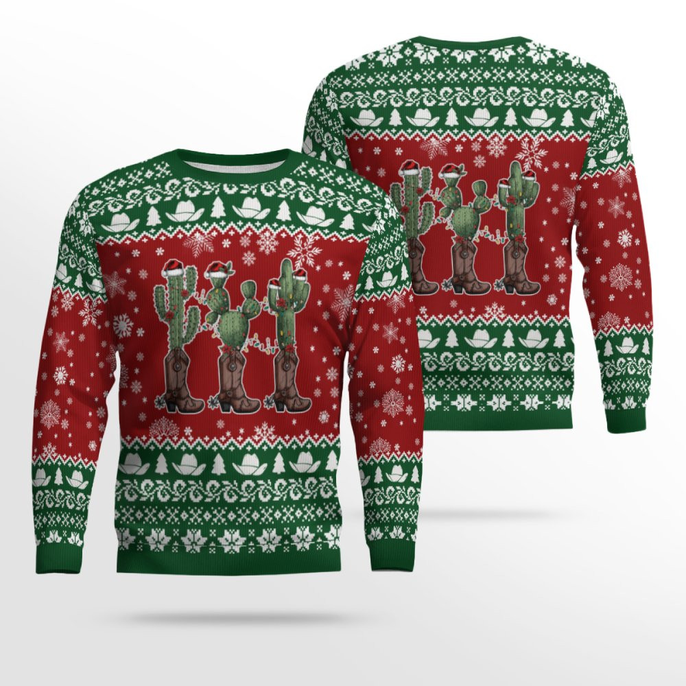 Cactus Wearing Cowboy Boots Ugly Christmas Sweater