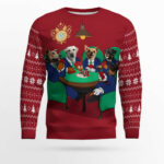 Dogs Playing Poker Christmas Ugly Sweater Red