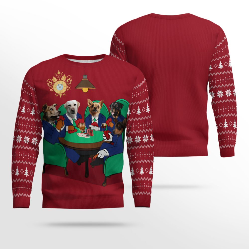 Dogs Playing Poker Christmas Ugly Sweater Red