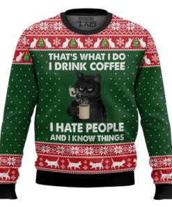 Black Cat Drink Coffee Ugly Christmas Sweater, Xmas Gifts