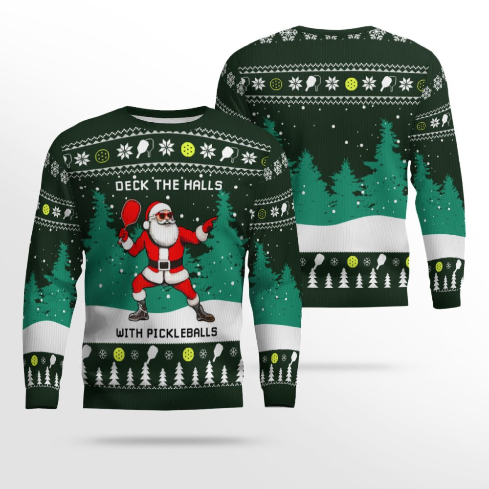 Funny Deck The Hall Pickleball Santa Ugly Christmas Sweater
