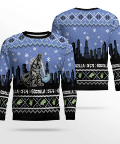 Godzilla City Scene Holiday Ugly Christmas Sweater