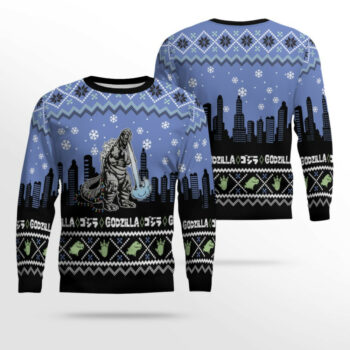 Godzilla City Scene Holiday Ugly Christmas Sweater
