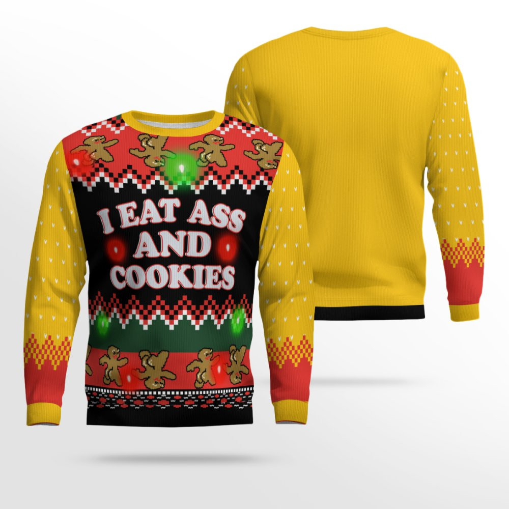 I Eat Ass and Cookies Ugly Christmas Sweater Gold Metallic