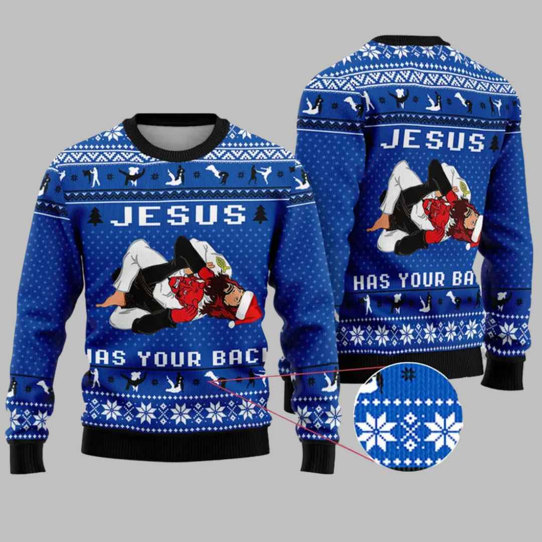 Jesus Has Your Back Jiu Jitsu Ugly Christmas Sweater Jesus Has Your Back Jiu Jitsu Ugly Christmas Sweater