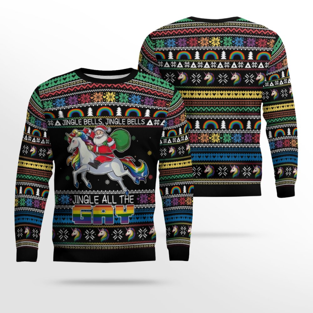 Jingle Bells All The Gay With Santa And Unicorns Ugly Christmas Sweater