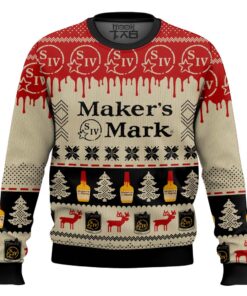 Maker?s Mark Bourbon Whisky Pine Tree & Reindeer Ugly Christmas Sweater