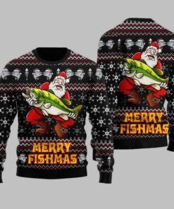Merry Fishmas Santa Hug Fishing Ugly Christmas Sweater