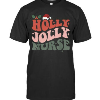 Holly N Jolly Nurse Santa Hat Groovy Christmas 2023 Gift T Shirt
