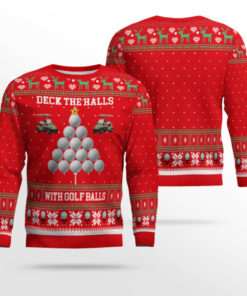 2025 Christmas Deck the Halls with Golf Balls Ugly Sweater Red