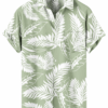 Sage Green Hawaiian Shirt – White Palm Leaf Floral Print,