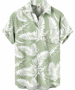 Sage Green Hawaiian Shirt – White Palm Leaf Floral Print,