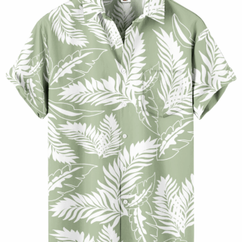 Sage Green Hawaiian Shirt – White Palm Leaf Floral Print,