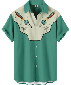 Rocket Print Hawaiian Shirt – Mint Green Retro Space Age Western Style