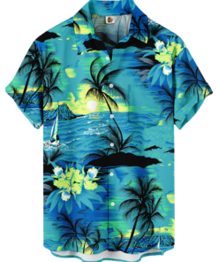 Blue and Green Tropical Palm Trees Hawaiian Shirt –