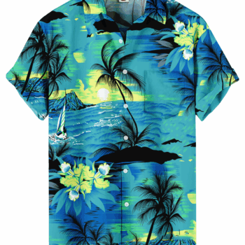 Blue and Green Tropical Palm Trees Hawaiian Shirt –