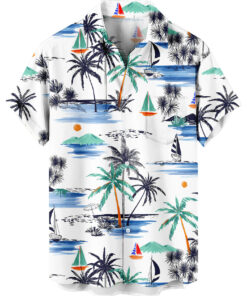 White Tropical Palm Trees and Sailboats Hawaiian Shirt –
