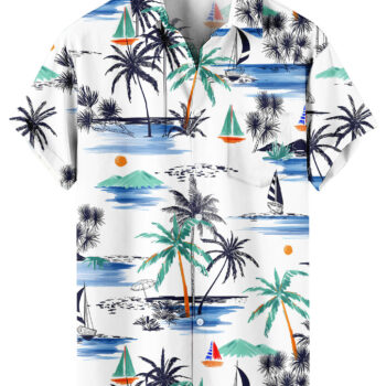 White Tropical Palm Trees and Sailboats Hawaiian Shirt –