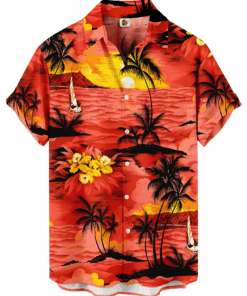 Red Sunset Tropical Palm Hawaiian Shirt –