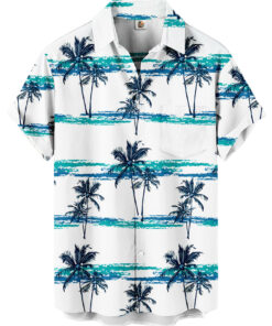 Palm Tree Hawaiian Shirt – White and Turquoise Stripes