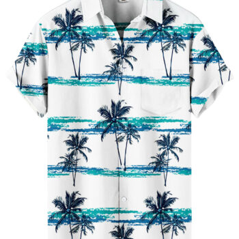 Palm Tree Hawaiian Shirt – White and Turquoise Stripes