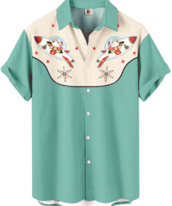 Retro Western Christmas Santa Mint Green Atomic Space Age Design Hawaiian Shirt