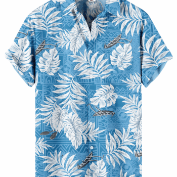 Tropical Palm Leaf Print Blue White Hawaiian Shirt