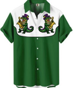 Mardi Gras Jazz Alligator  Green and White Western Hawaiian Shirt