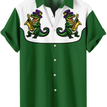 Mardi Gras Jazz Alligator  Green and White Western Hawaiian Shirt