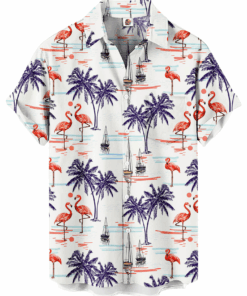 Tropical Flamingo Palm Tree Print  White Hawaiian Shirt