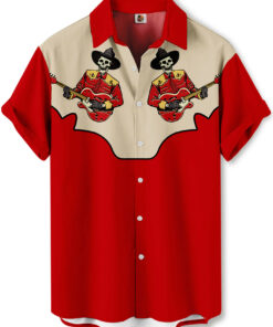 Western Skeleton Cowboy Guitar Player Design Red Beige  Hawaiian Shirt