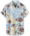 Beach Print Palm Trees Sailboats Light Blue Hawaiian Shirt