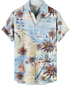 Beach Print Palm Trees Sailboats  Light Blue Hawaiian Shirt