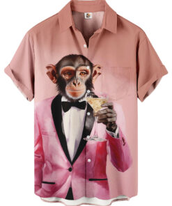 Monkey in Pink Tuxedo Print Casual Hawaiian Shirt