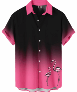 Black Pink Ombre Flamingo Print Casual Hawaiian Shirt