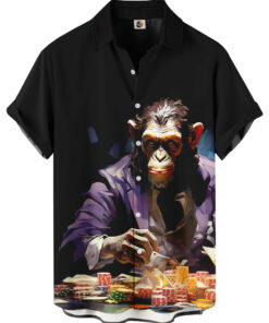 Poker Chimp Print  Black Hawaiian Shirt