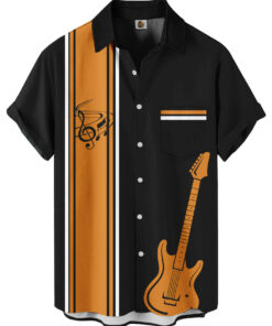 Music Guitar Print Black Orange Striped  Casual Hawaiian Shirt