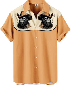 Western Cowboy Gorilla Print  Tan Color Hawaiian Shirt