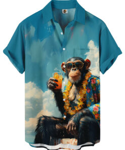 Cool Monkey Print Hawaiian Shirt – Tropical Turquoise Blue